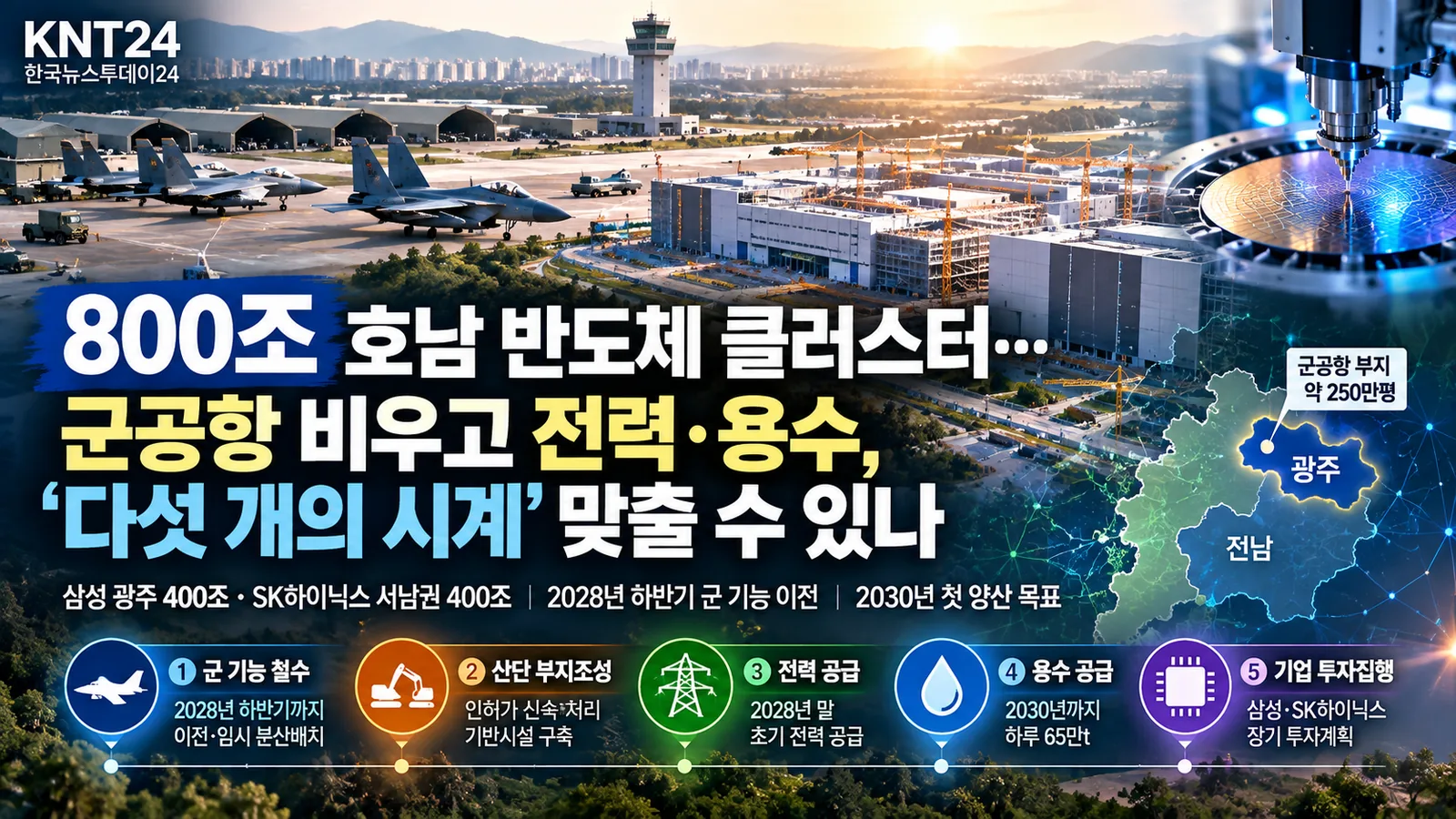 광주 군공항과 반도체 팹 건설현장을 함께 배치하고 군 기능 철수·산단 조성·전력·용수·기업투자 등 호남 반도체 클러스터의 다섯 핵심 일정을 나타낸 KNT24 대표이미지