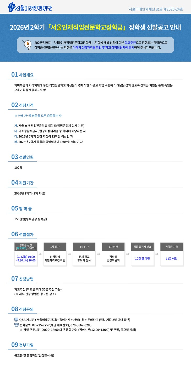 서울미래인재재단, 직업전문학교 재학생 102명에 장학금 1억 5,300만 원 지원