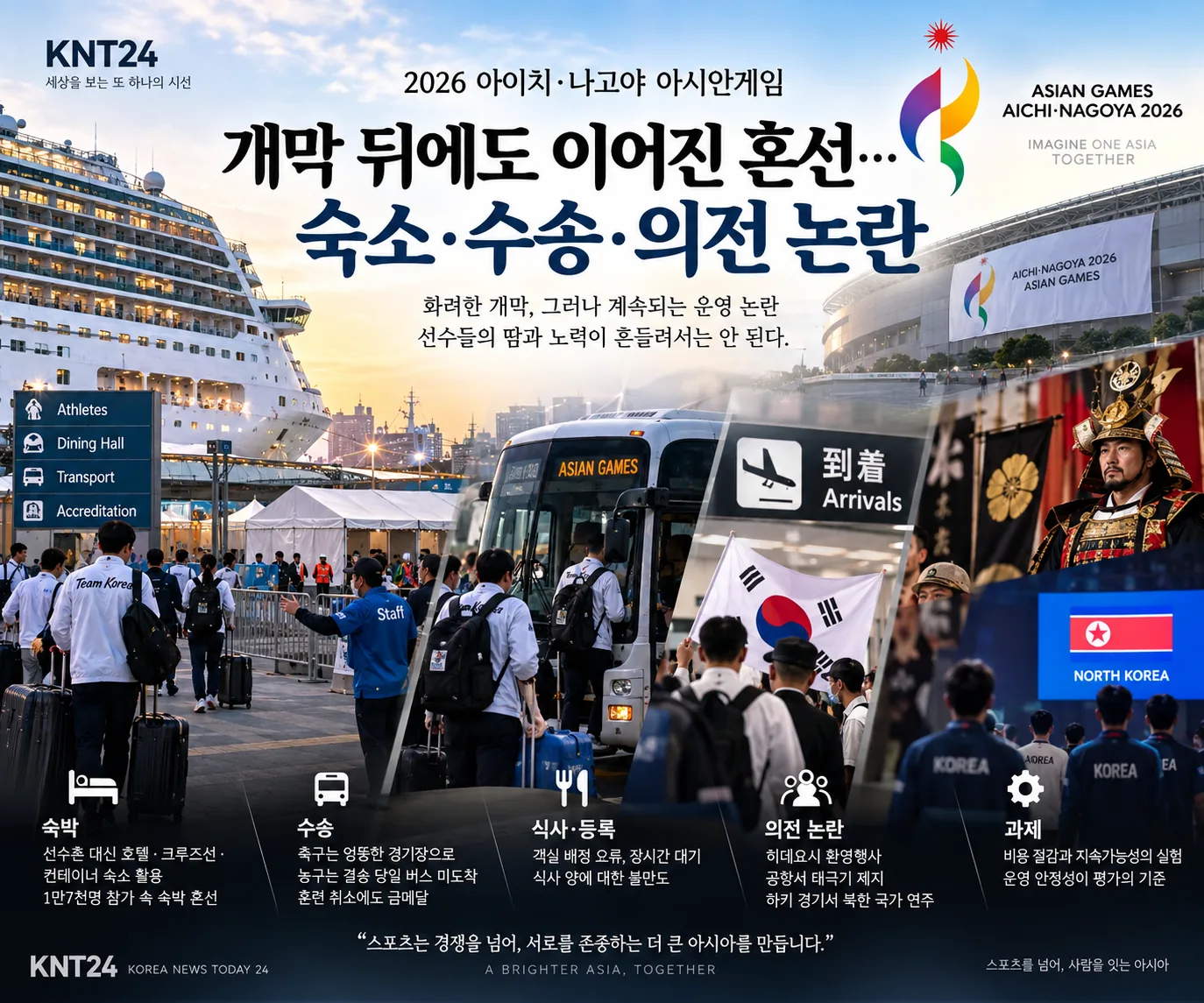 2026 아이치·나고야 아시안게임의 크루즈선 숙소와 선수단 수송버스, 한국 선수단, 태극기와 공식행사 논란을 종합적으로 표현한 KNT24 그래픽