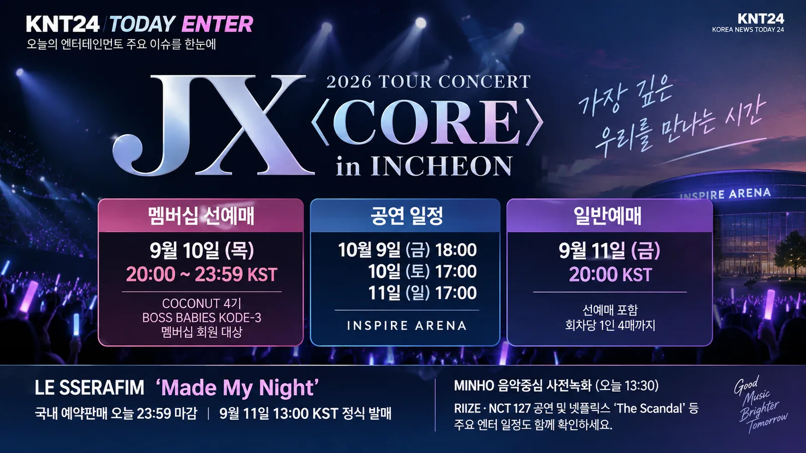 KNT24 TODAY ENTER JX CORE 인천 콘서트 9월 10일 오후 8시 멤버십 선예매와 10월 9일 10일 11일 INSPIRE ARENA 공연 안내 그래픽