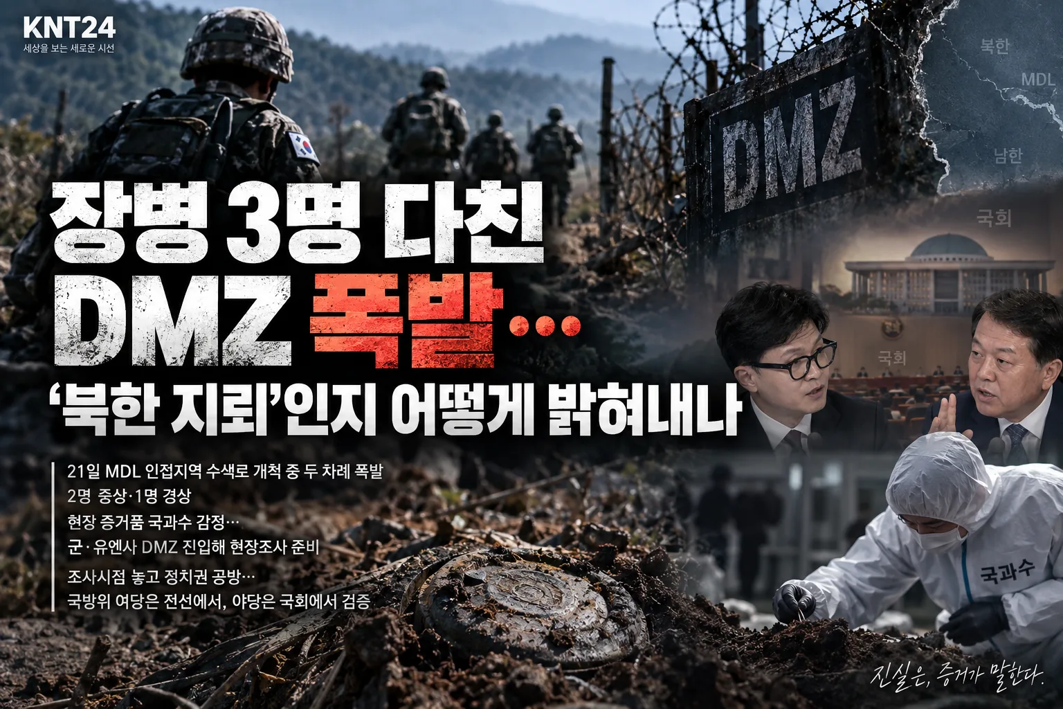 서부전선 DMZ 지뢰 추정 폭발과 국과수 감정 및 군·유엔사 현장조사를 표현한 KNT24 대표이미지