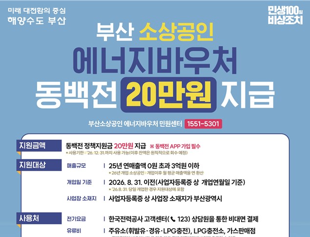 부산시, 「소상공인 에너지바우처 지급사업」 본격 추진… 골목상권 회복 총력