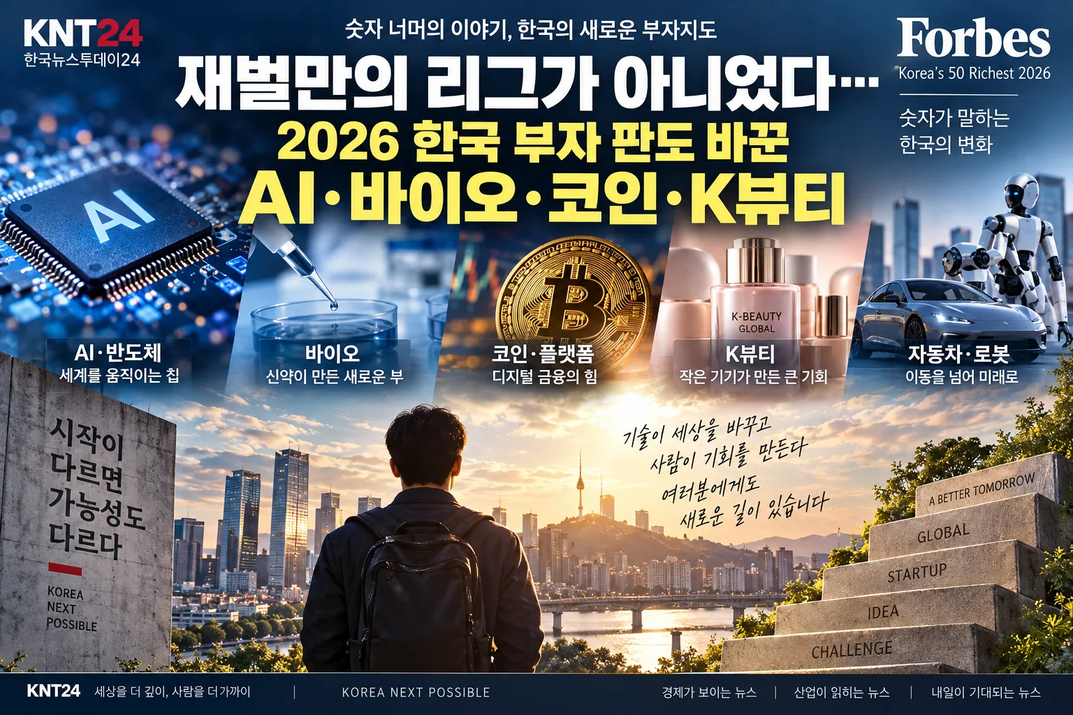 AI 반도체, 바이오, 디지털자산, K뷰티, 자동차·로봇 산업이 2026년 한국 부자 판도 변화에 미친 영향을 표현한 KNT24 경제산업 인포그래픽