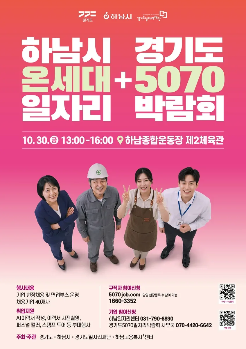 30일 하남서 ‘경기도 5070·온세대 일자리박람회’… 중장년 취업, 친절하게 돕는다!