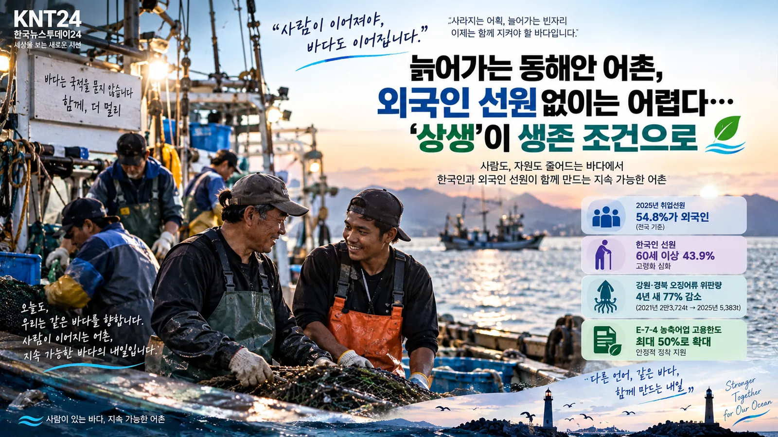 고령 한국인 선원과 외국인 선원이 함께 조업하는 모습을 통해 동해안 어촌의 고령화와 외국인 선원 증가, 상생 과제를 표현한 KNT24 대표이미지