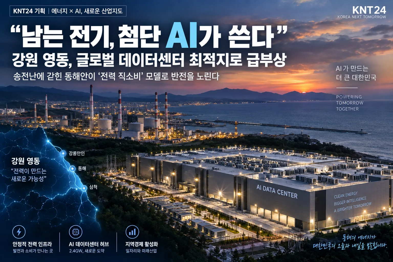 동해안 발전시설과 AI 데이터센터를 연결해 송전제약 지역의 대규모 전력 현지소비 모델을 표현한 KNT24 산업·에너지 기획 대표이미지