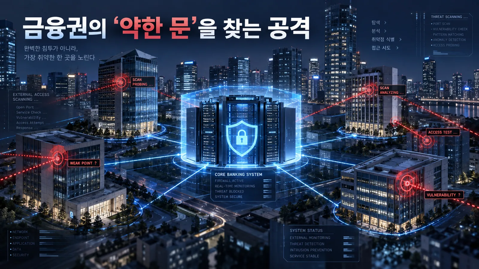 금융권 외부 시스템의 취약점을 탐색하는 사이버 공격과 방어 체계를 표현한 이미지