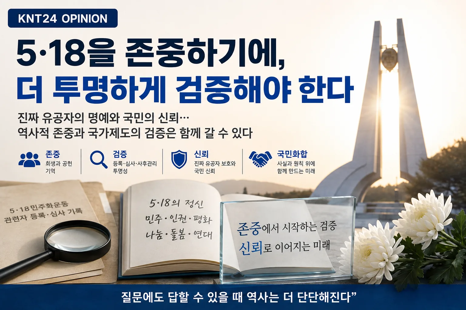 5·18을 존중하기에 더 투명하게 검증해야 한다는 제목과 존중·검증·신뢰·국민화합의 가치를 표현한 KNT24 오피니언 그래픽
