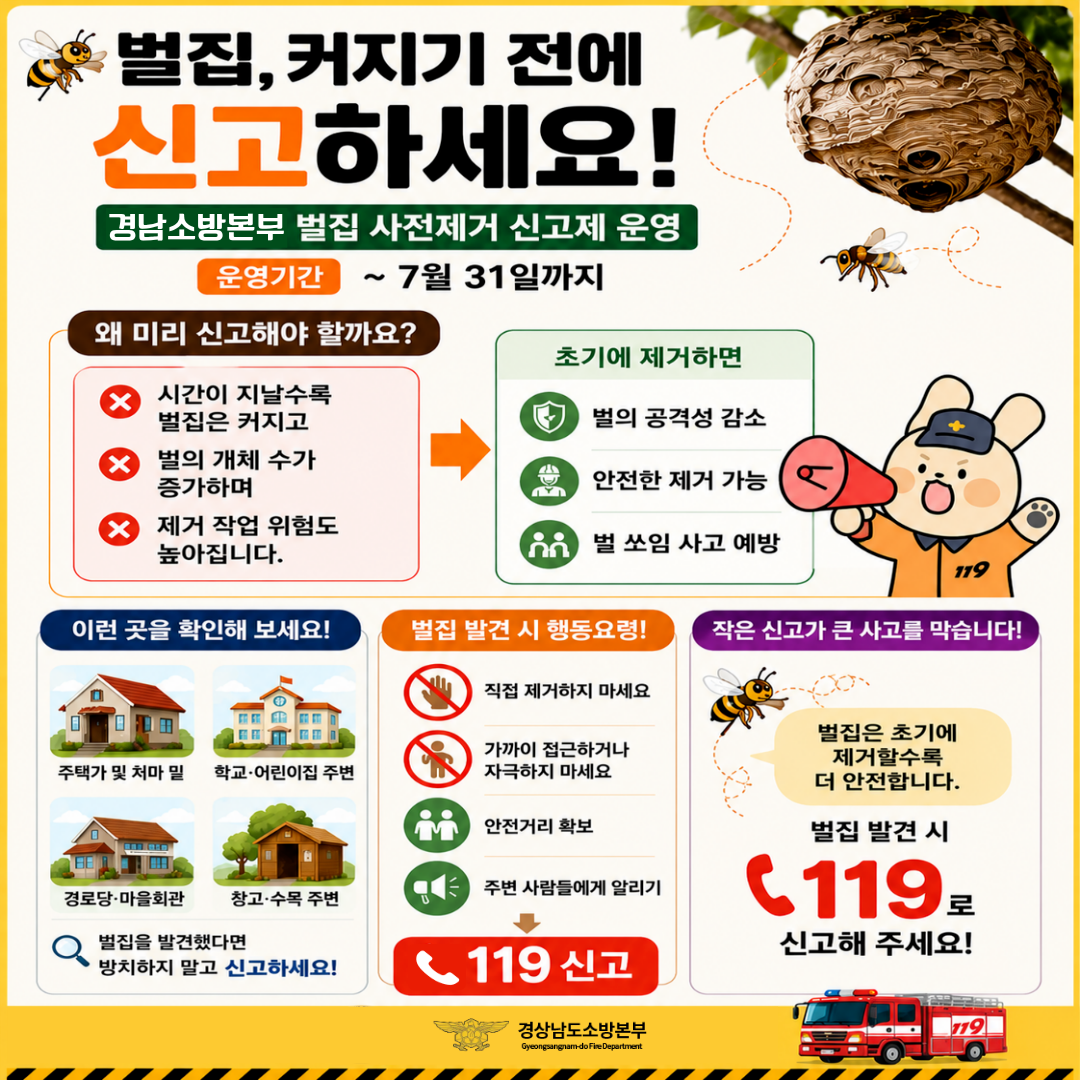 여름·가을철 벌 쏘임 사고 80% 집중 경남소방 “직접 제거 말고 119로 신고하세요”