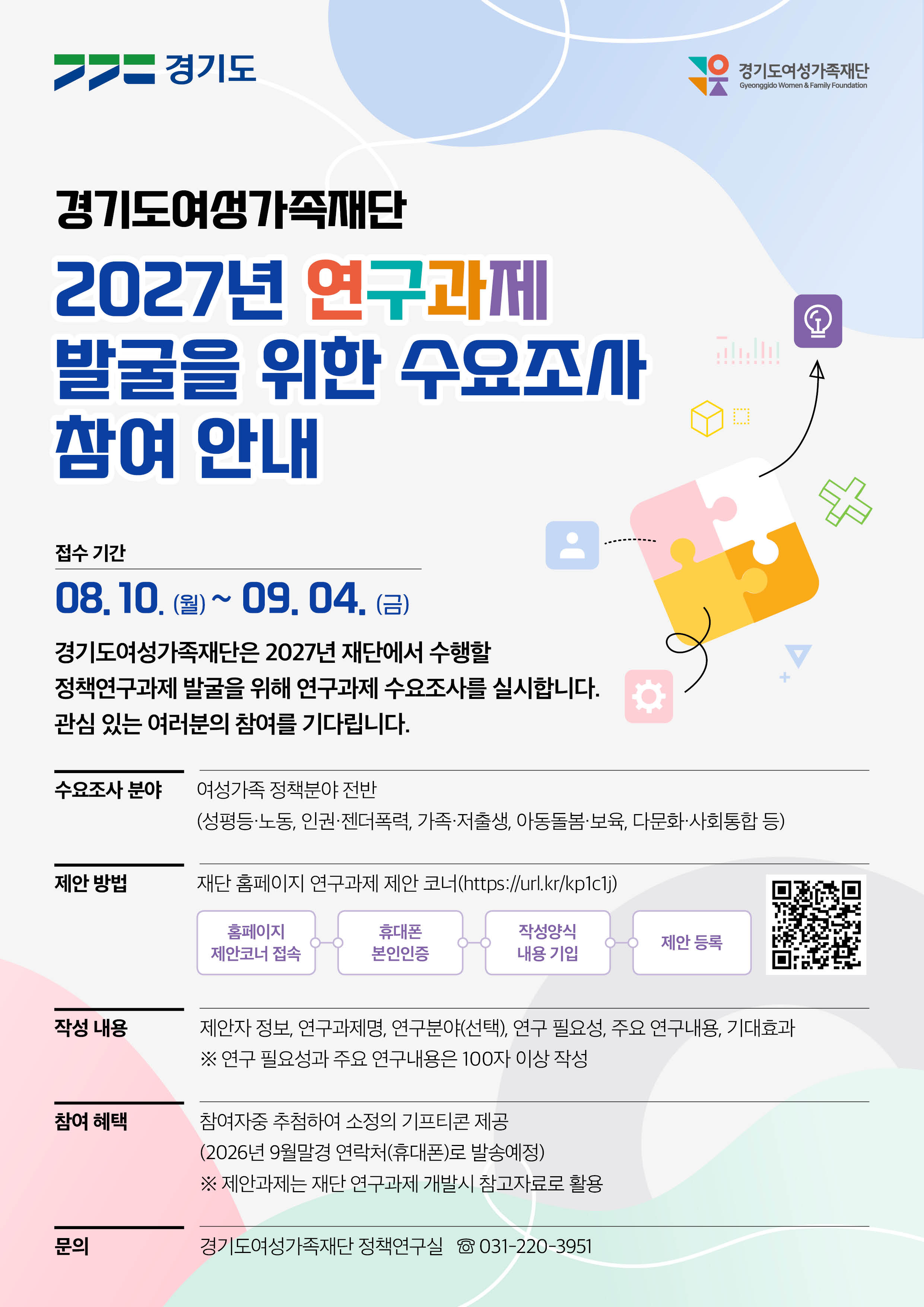 경기도여성가족재단, 2027년 연구과제 수요조사 실시