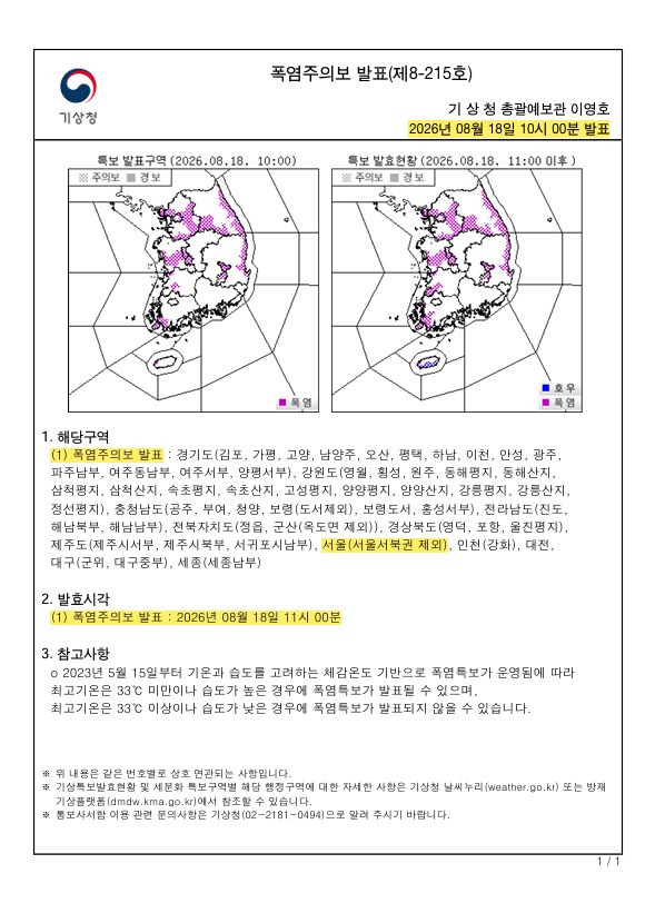 서울 동남·동북·서남권에 폭염주의보 발령