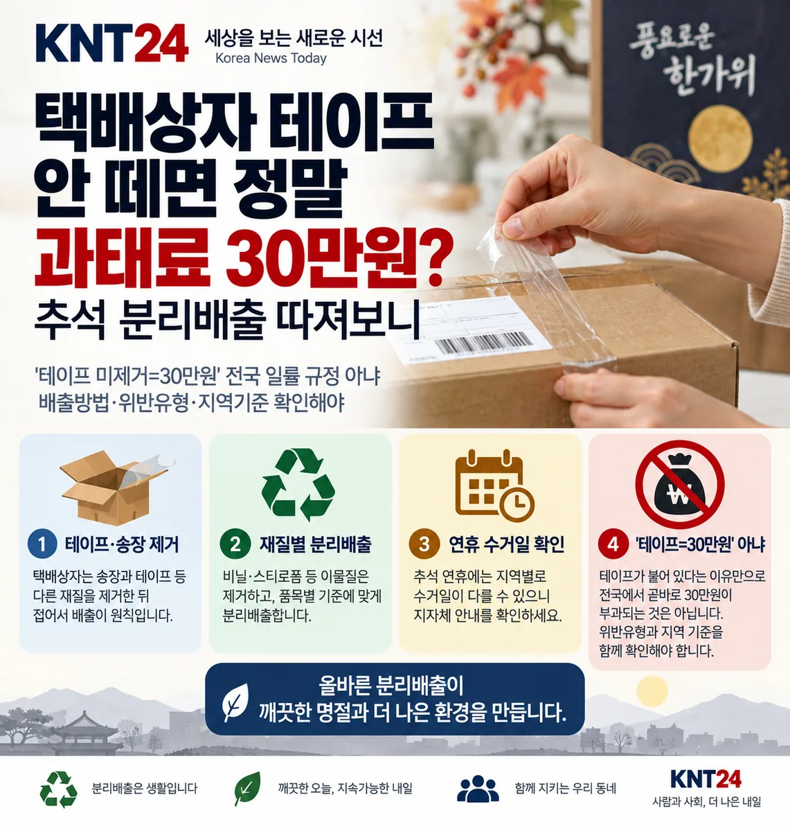 택배상자에서 테이프와 송장을 제거하는 모습과 추석 분리배출 방법, 과태료 30만원 주장의 실제 적용조건을 설명한 KNT24 그래픽