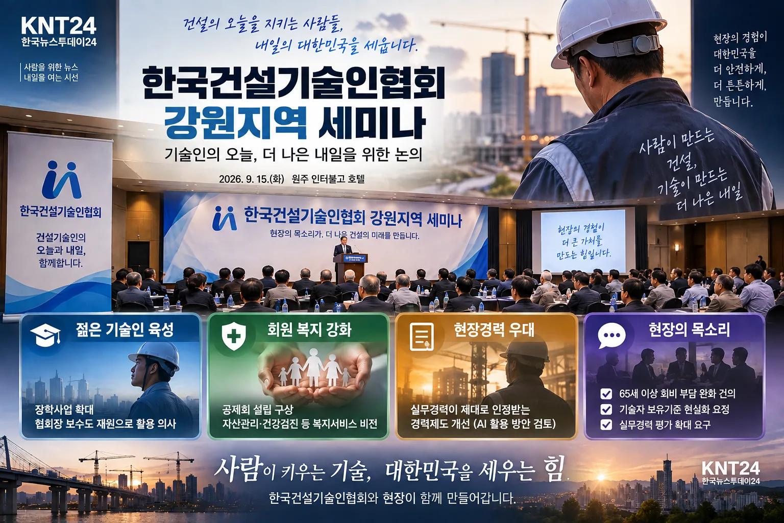 한국건설기술인협회 강원지역 세미나의 젊은 기술인 육성 회원 복지 현장경력 우대와 현장 의견을 정리한 KNT24 그래픽